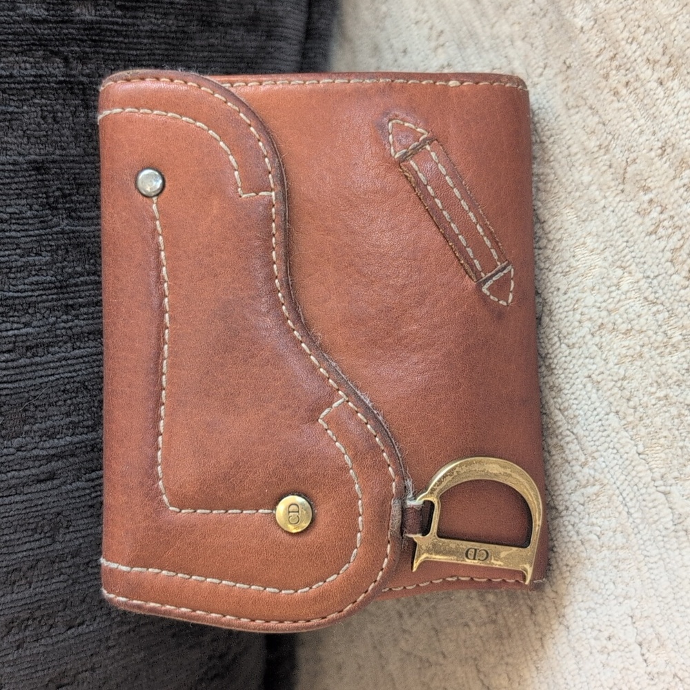 Vintage Christian Dior Saddle Wallet in Tan Leather w/ Brass “D” Charm - Italy